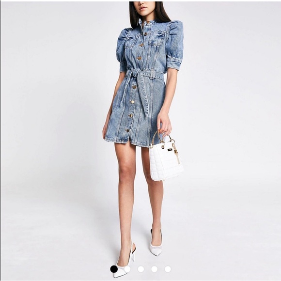 NEW River Island Denim Puff Sleeve Button Down Belted Mini Dress US Size 16 NWT
